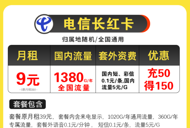 電信超值優惠套餐有哪些？電信長紅卡，月租9元包含125G全國流量/月不限速手機上網卡